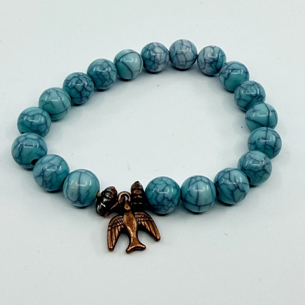 VTG Y2K Faux Turquoise Beaded Stretch Bracelet Copper Tone Bird Charm Boho Retro